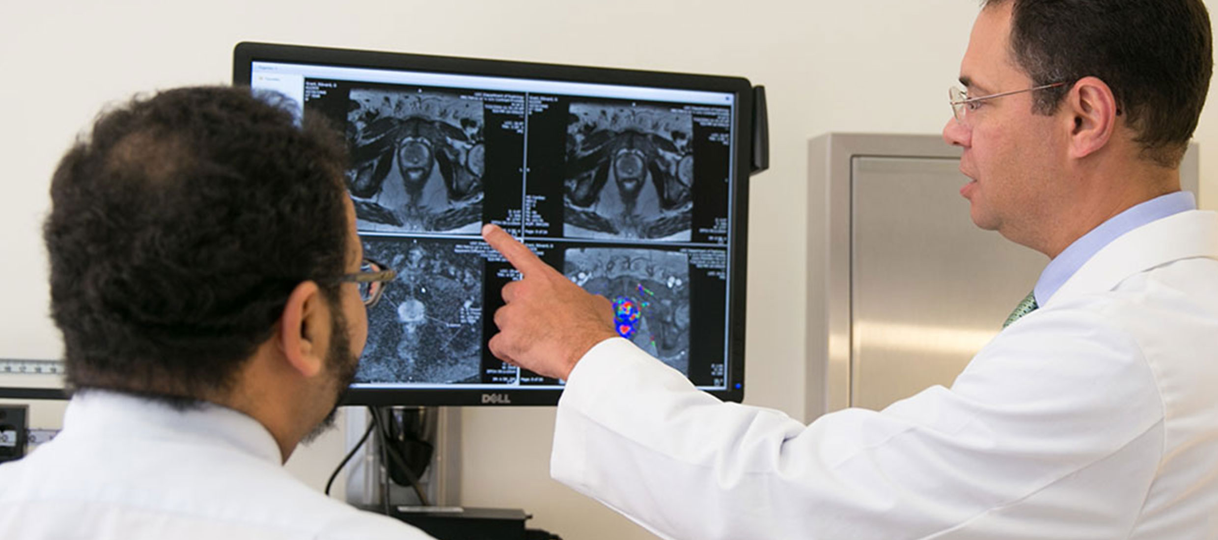 Two doctors examine a scan on a screen