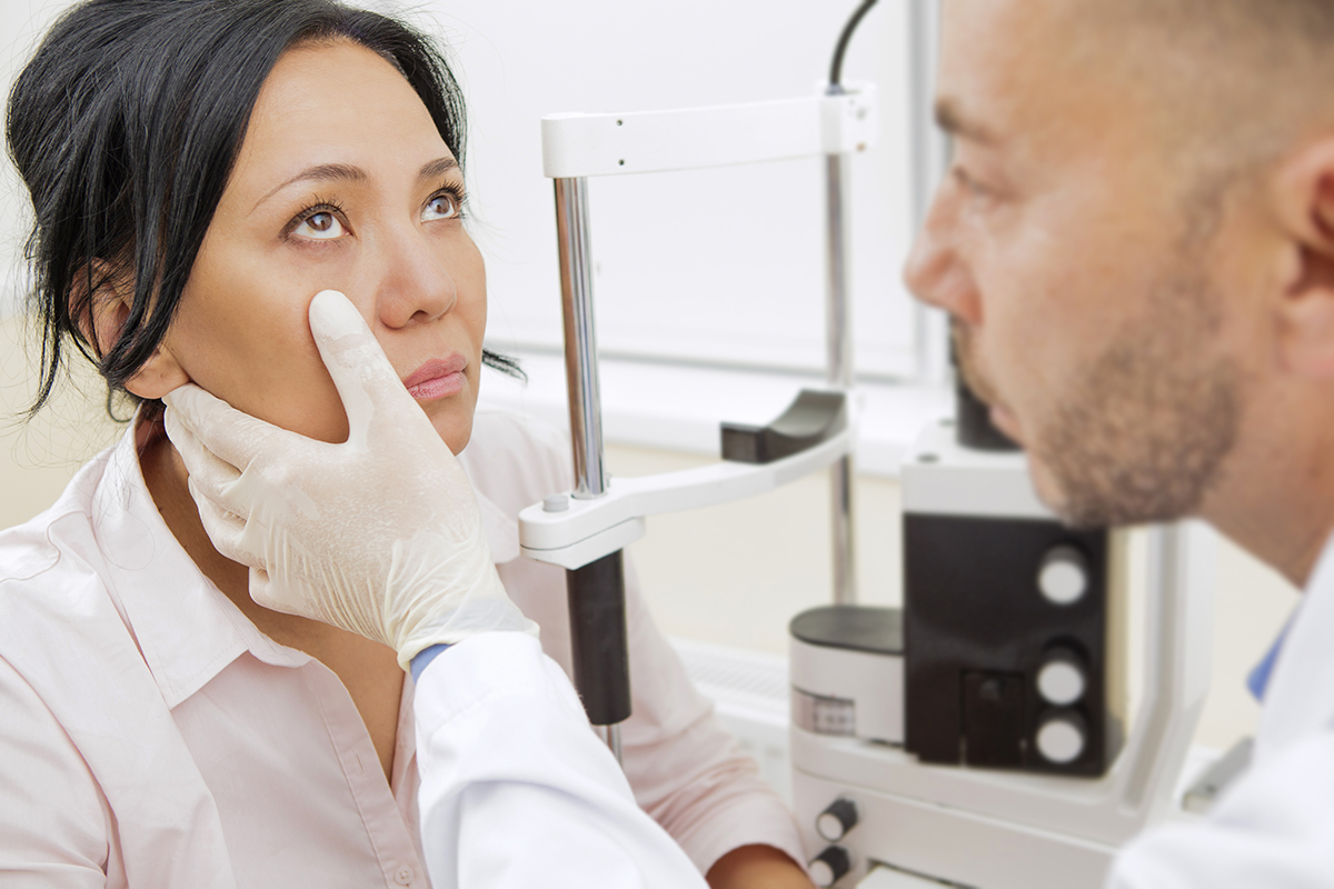 Ophthalmologist examines a female patient's eyes