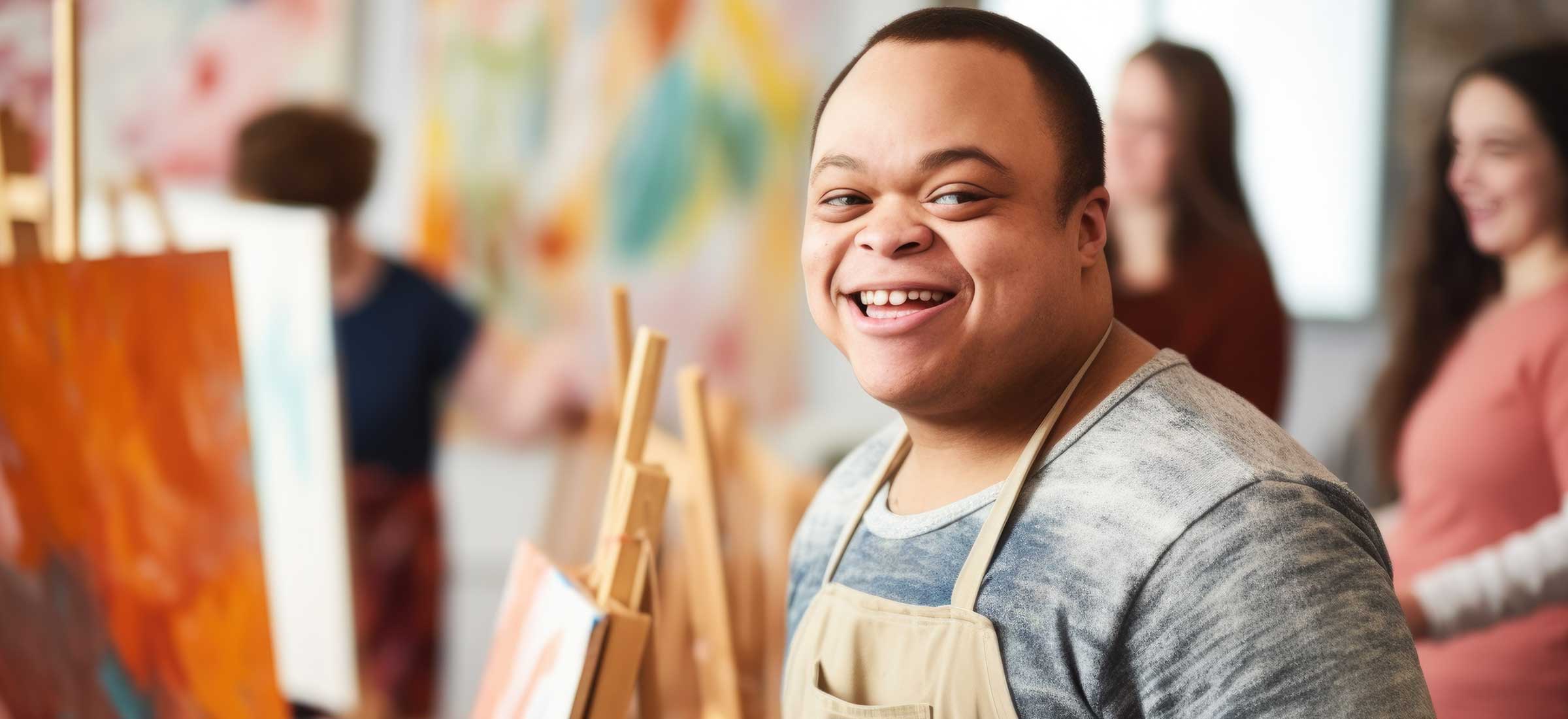 A man smiles at the camera in an apron in a painting studio.