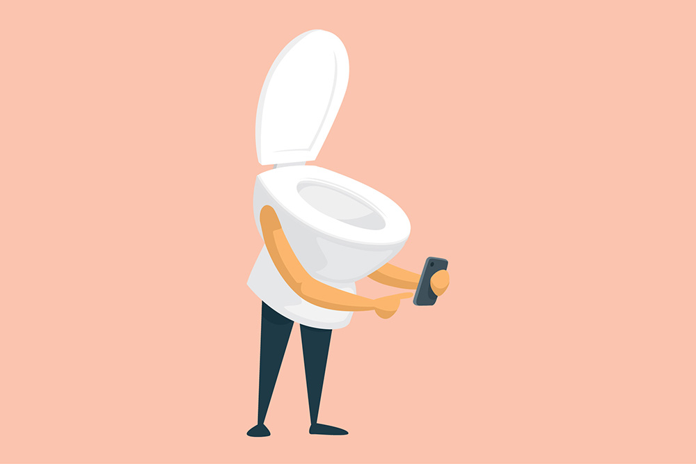 A digital graphic of a toilet standing on two legs and looking at a cell phone that it is holding
