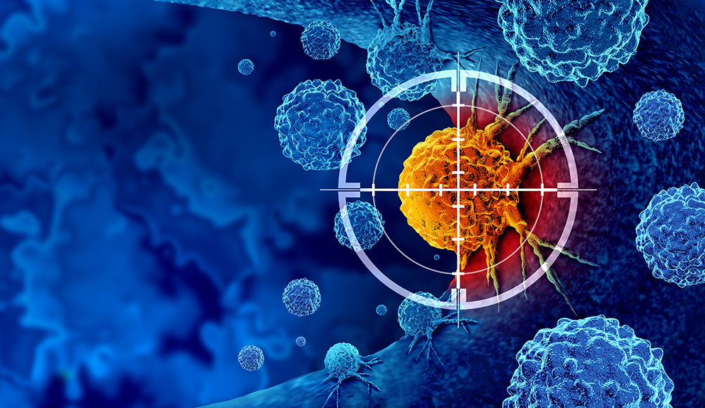 Illustration of cancerous cell with a target symbol representing immunotherapy treatment.